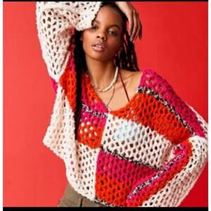 Free People Crochet Patchwork Sweater Size Large Flare Boho Open Knit Colorblock